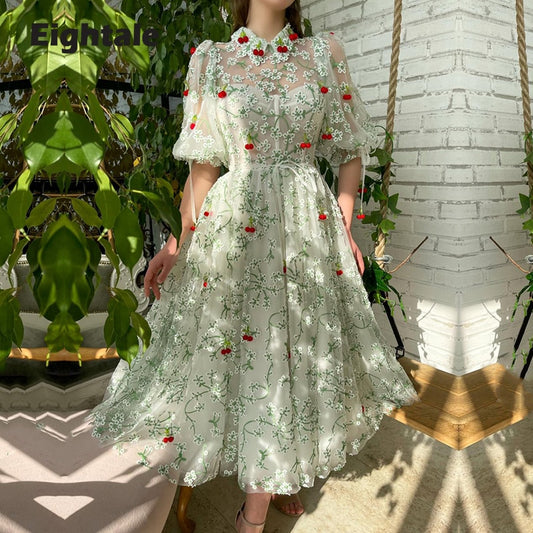 Evening wear Dresses: Eightale Embroidered Prom Dresses Pockets Lace