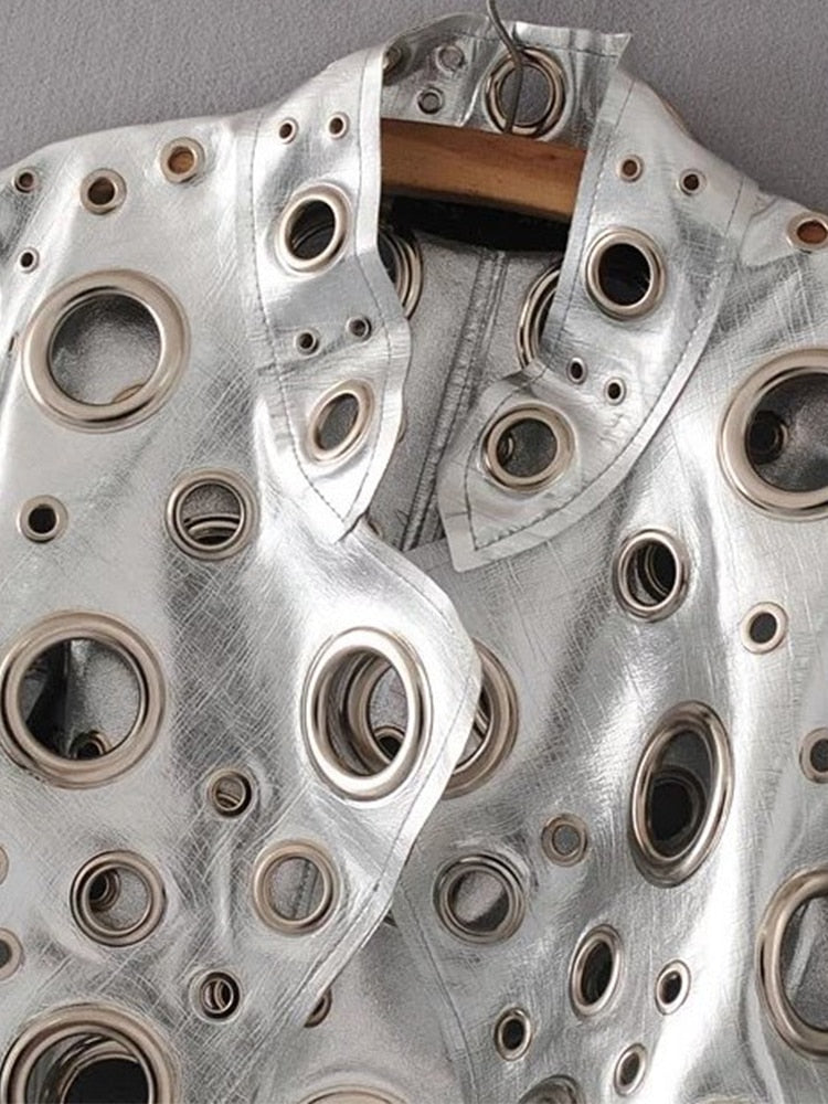 Runway Cut Out Short Faux Leather Jacket Golden Rivet Cool Stylish