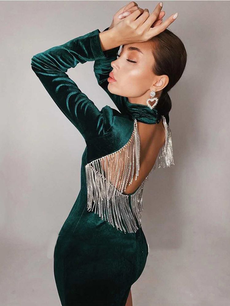 Diamond Tassel Velvet Dress Women Long Sleeve Bodycon Mini Club Celebrity