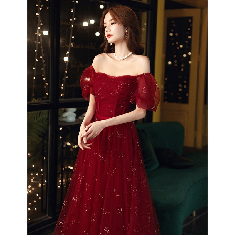 Evening wear Dresses: Red Women Formal Dress Square Collar Mesh Sleeve Elegant
