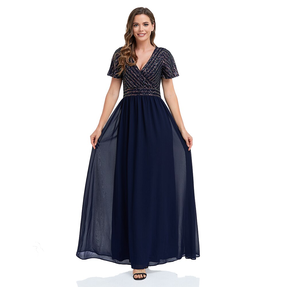 Homecoming Dresses: Women short sleeved V-neck Sequin stitched Chiffon A-line