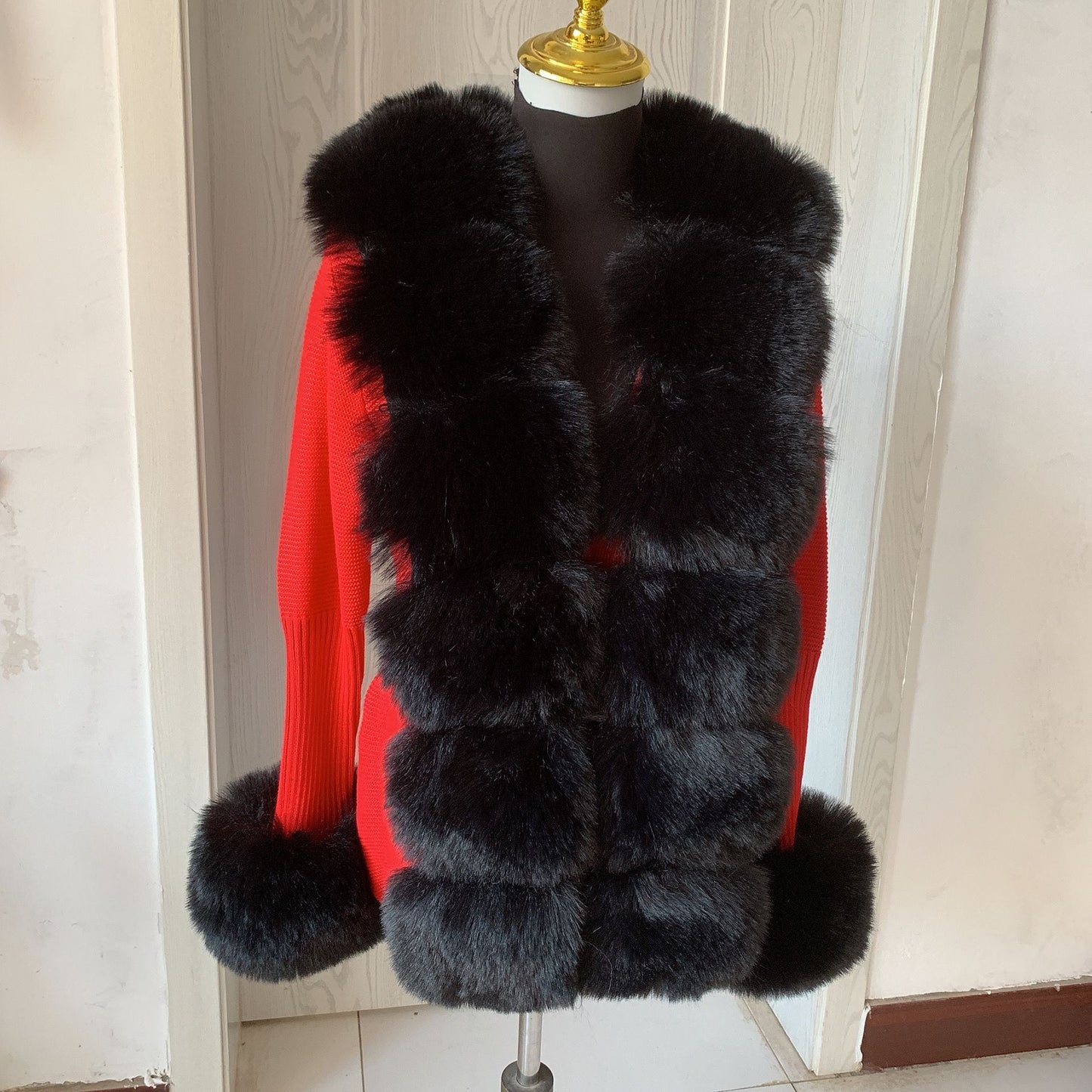 Women Faux Fur Knit Sweater cardigan Spring Autumn elegant Knitted sweater