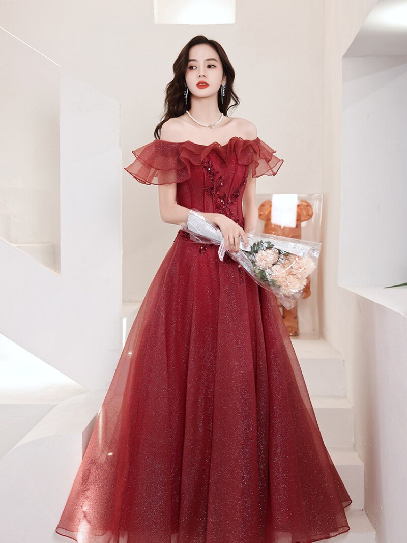 Homecoming Dresses: Wine Red Luxury Beadings Ruffle Long Prom Dresses Off-Shoulder