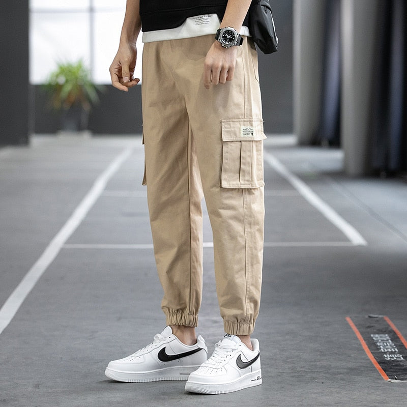 Four Seasons Men Cotton Cargo Pants Plus Size Sports Drawstring