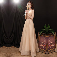 Champagne Evening Dresses V-Neck Sleeveless Elegant Party Train Dress