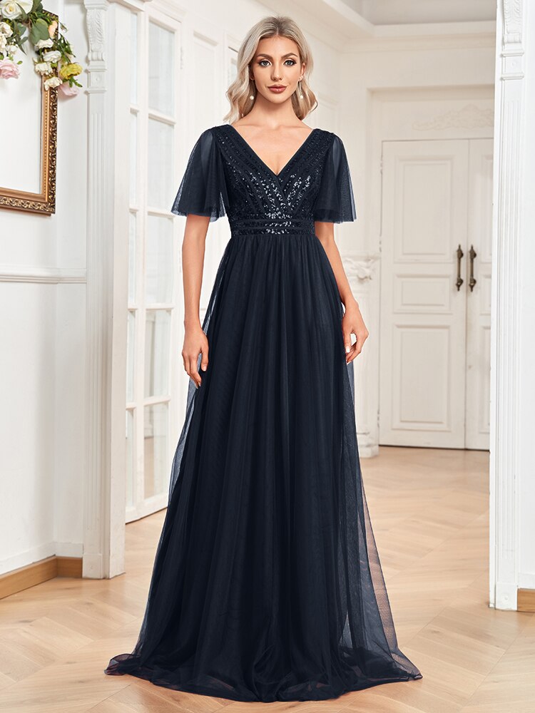 Evening wear Dresses: A-LINE Chiffon Short Sleeve V-Neck Simple Sequins Wedding