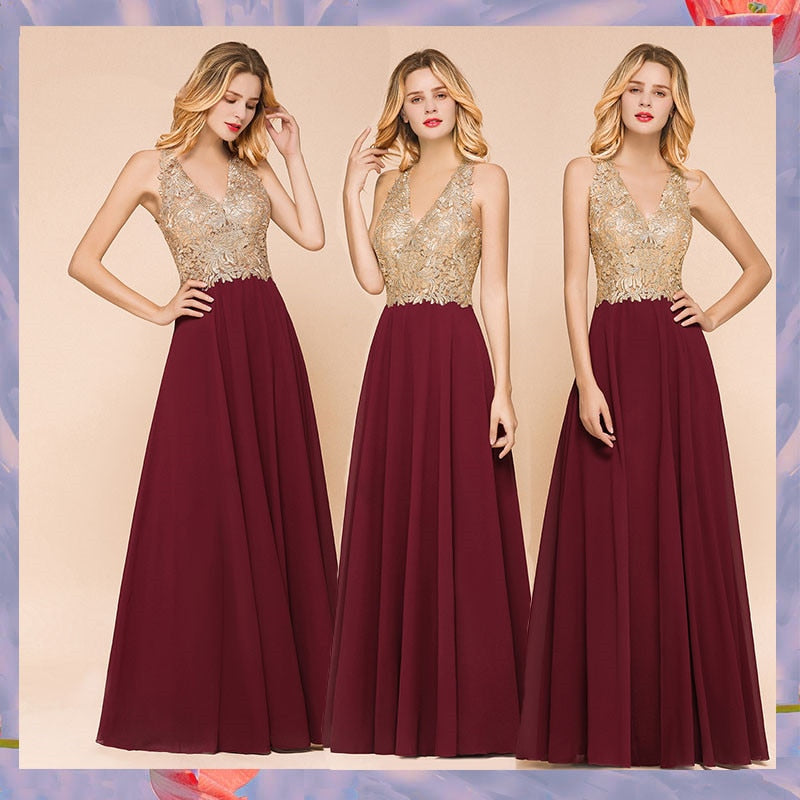 Homecoming Dresses: Long Prom Dresses V Neck Sleeveless Gown Gold Lace Applique