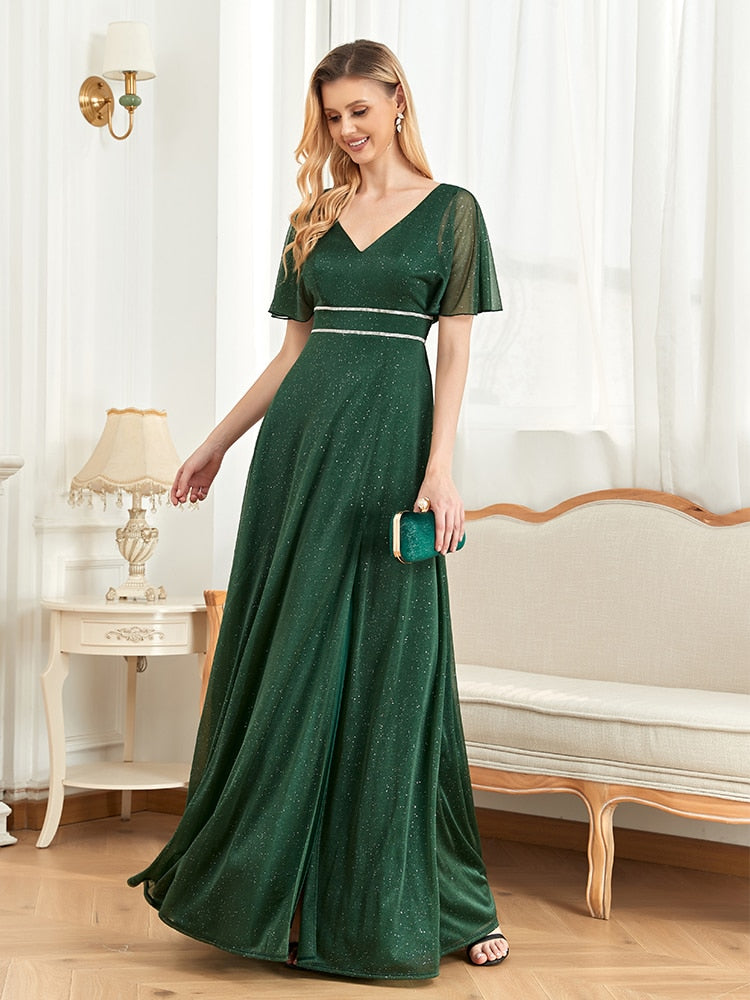 Evening wear Dresses: V-Neck Green Chiffon Split Short Sleeves Bridesmaid