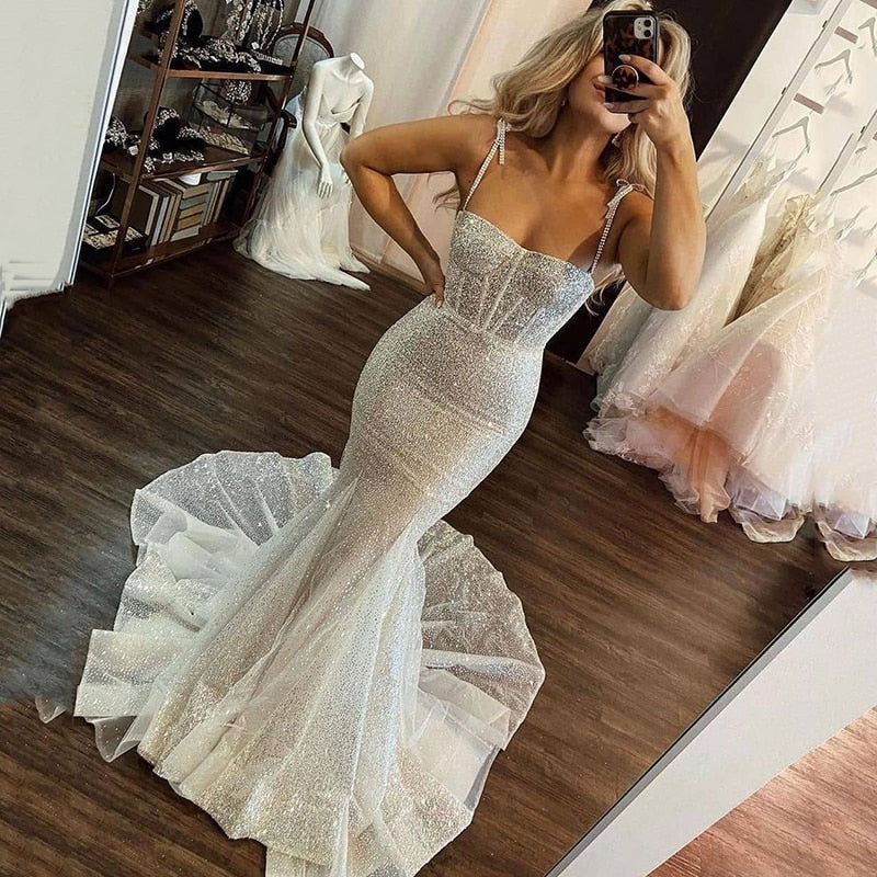 Glitter Skinny Mermaid Wedding Dresses Spaghetti Shoulder