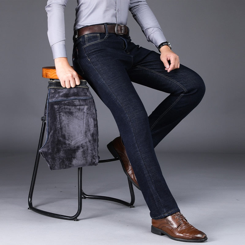 Men Fleece Warm Jeans Classic Style Business Casual