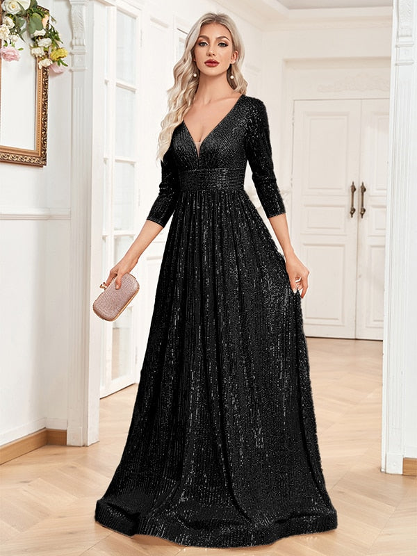 Evening wear Dresses: Women Beading Dress Long Prom Gowns V Neck Long Sleeves