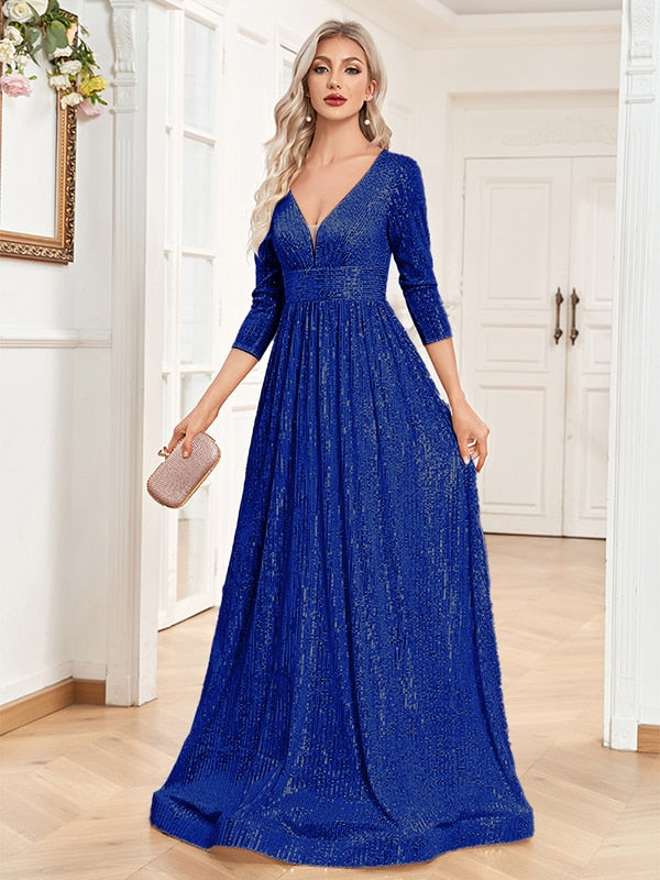 Evening wear Dresses: Women Beading Dress Long Prom Gowns V Neck Long Sleeves