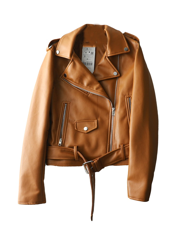 Spring Autumn Women Zippers V-neck Faux Leather Jacket