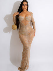 Mesh Rhinestone Crystal Patchwork Maxi Dress Gown Luxury