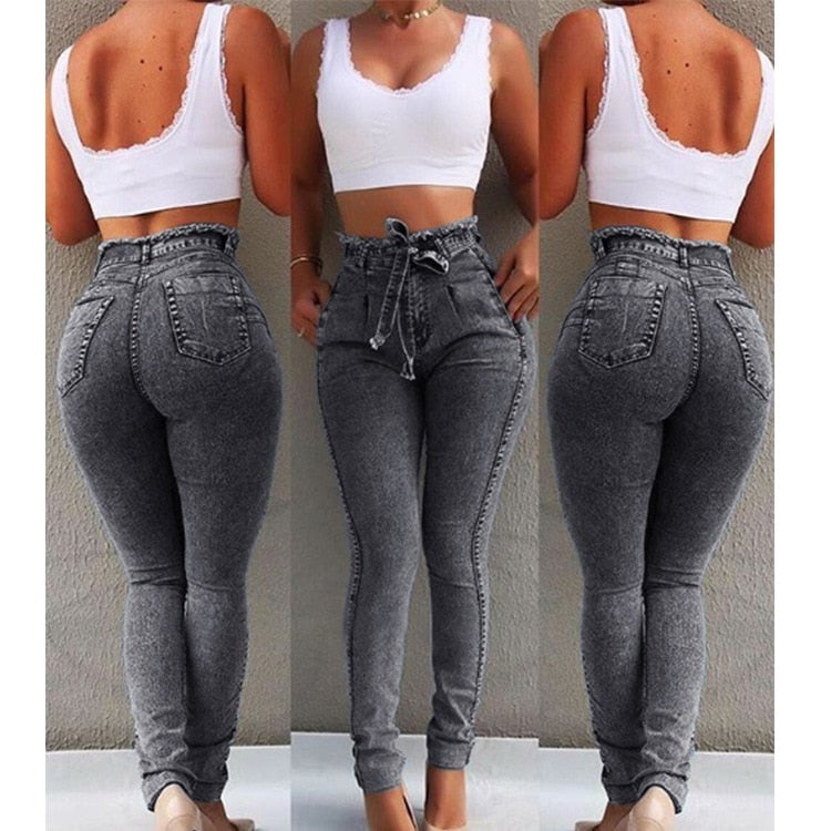 High Waist Jeans For Women Slim Stretch Denim Jean Bodycon Tassel Belt