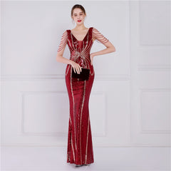 Green Sequin Long Evening Dress Luxury Beading Formal Dress Women Elegant