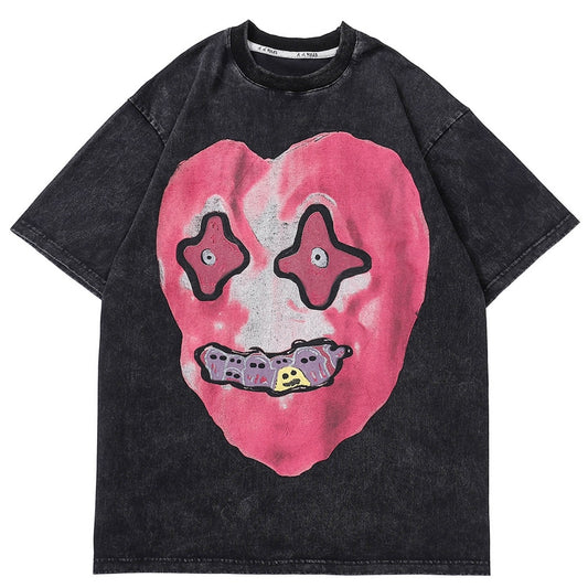 Men Hip Hop Washed T-Shirt Streetwear Funny Heart Monster Print T Shirt