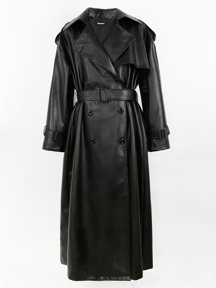 Spring Autumn Long Oversized Black Pu Leather Trench Coat