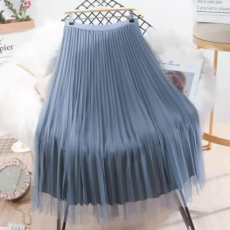 Rimocy Both Sides Wear Pearls Mesh Skirt Women Summer Velvet High Waist