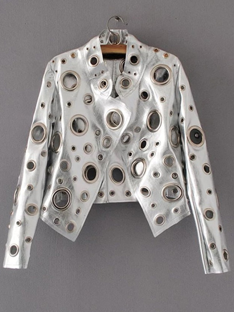 Runway Cut Out Short Faux Leather Jacket Golden Rivet Cool Stylish