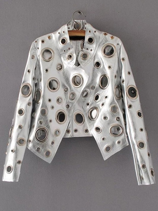 Runway Cut Out Short Faux Leather Jacket Golden Rivet Cool Stylish