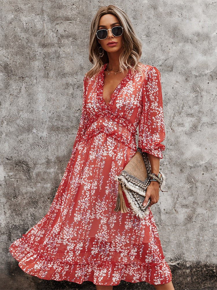 V Neck Floral Dress Ladies Butterfly Sleeve High Waist Casual Print Dresses For Women Summer Chiffon Dress