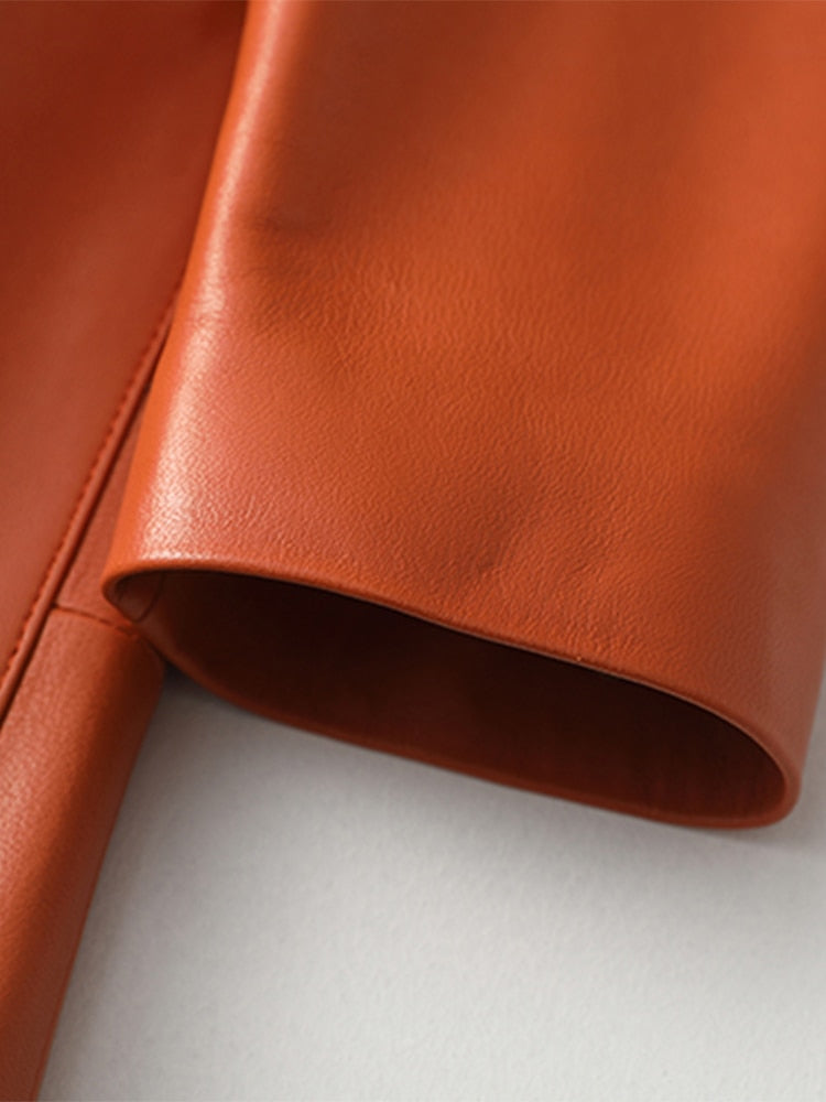 Lautaro Spring Autumn Long Orange Soft Faux Leather Coat Women Pockets