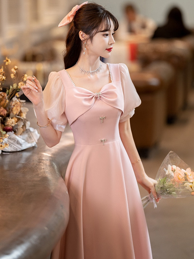 Evening wear Dresses: Pink Prom Dress Puff Sleeve Collar Mid-Length A-Line Party