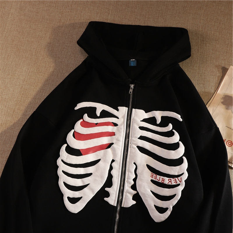 Rhinestone Skeleton Hoodies Women Gothic Black Zip Up Oversized