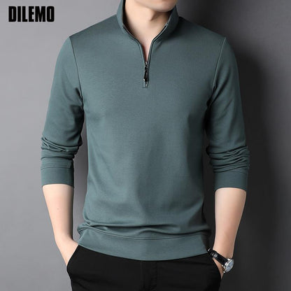 Fashion Brand Luxury Zipper Polo Shirt Men Casual Plain Korean Solid Color Long