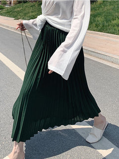 Womens Fashion Pleated Midi Long Skirt Female Korean Japanese Casual High Waist