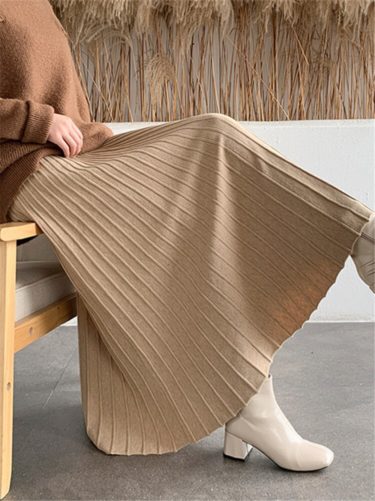 Thicken Women Knitted A-line Skirt Elegant Autumn