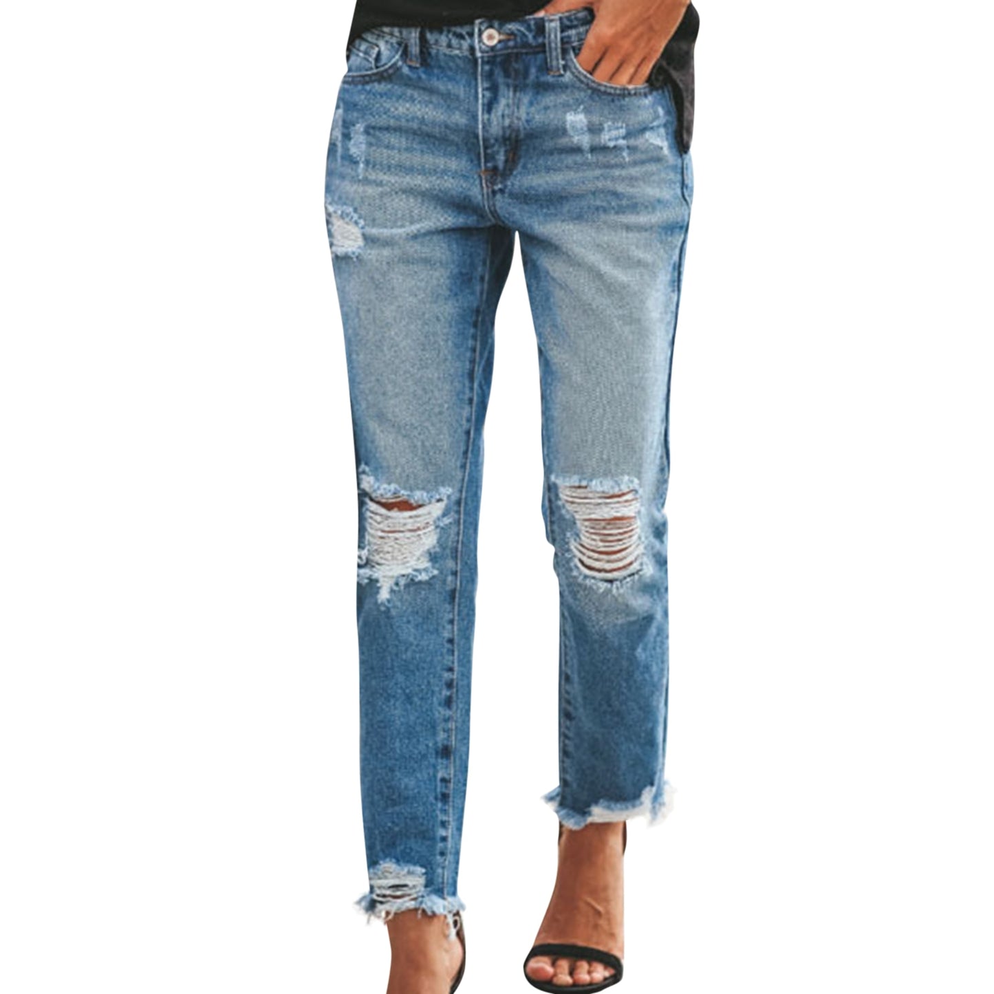 Women High Waist Jeans Ripped Holes Tassels Slimming Trousers Streetwear