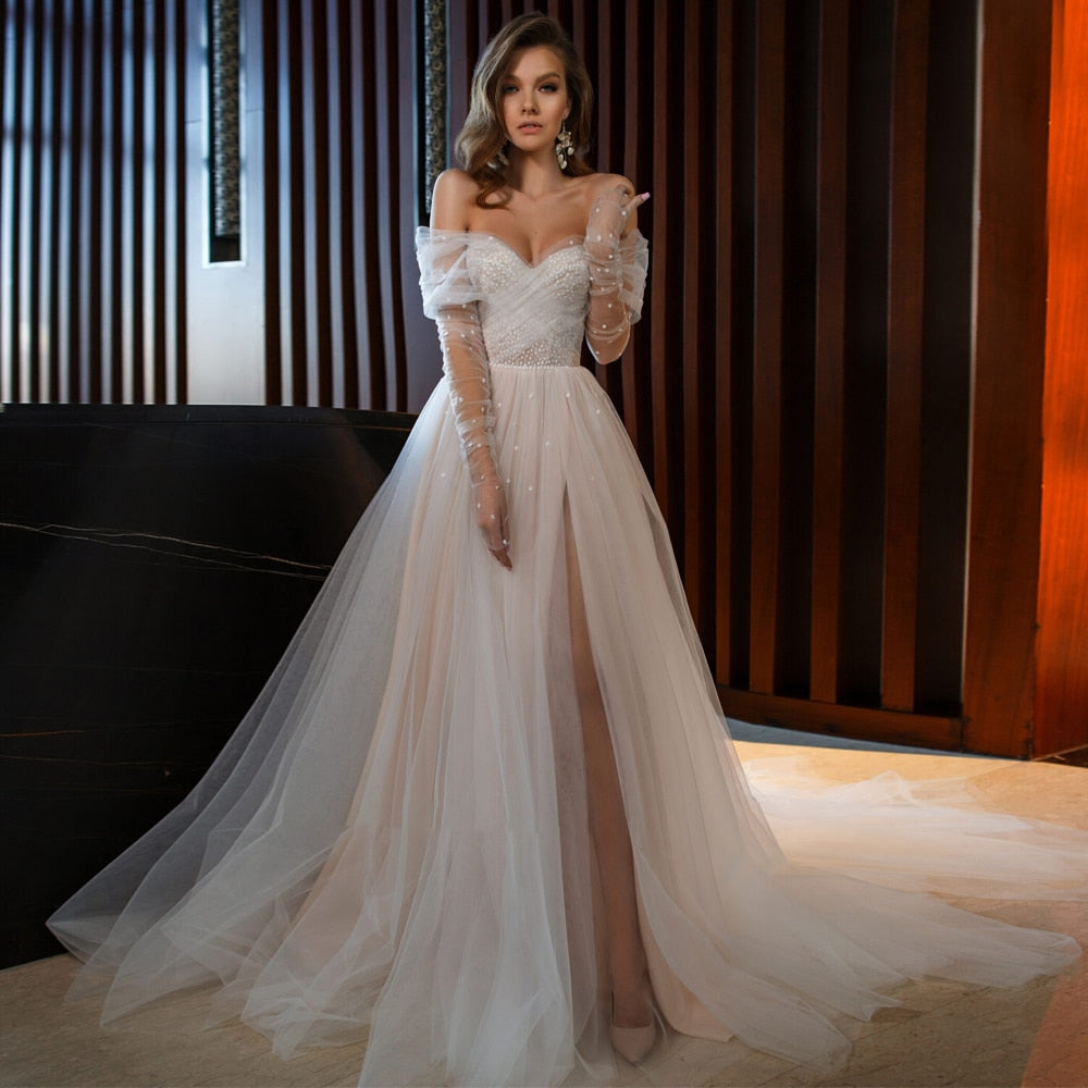 White Bridesmaid Dresses: Boho Wedding Dress Long Sleeves Pearls Bride Gowns