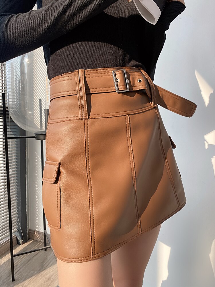 Versatile Japanese Style  A-Line Skirts Women Summer Genuine Leather Brown