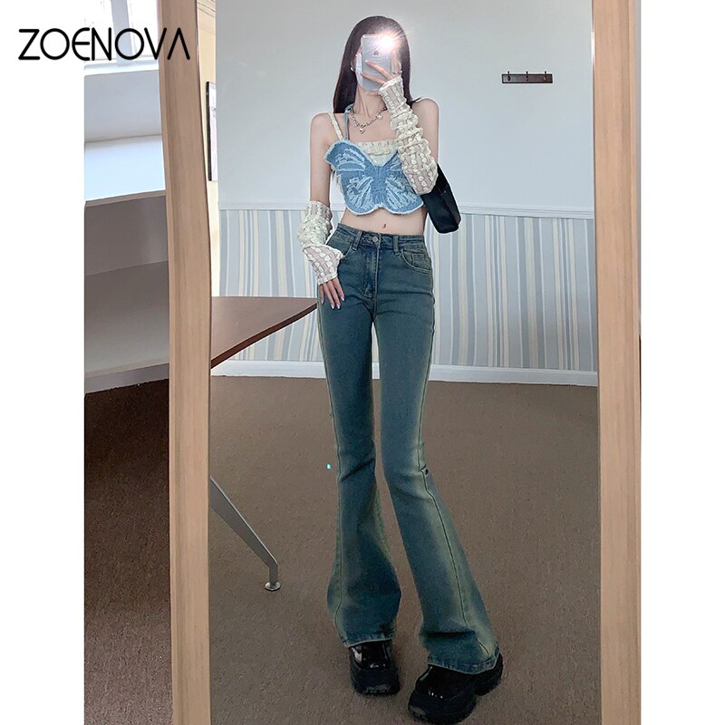 Elegant Flared Jeans Woman Low Waist Stretch Cotton Denim Pants