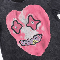 Men Hip Hop Washed T-Shirt Streetwear Funny Heart Monster Print T Shirt