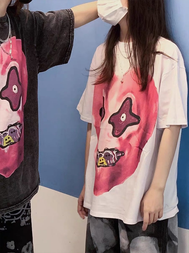 Men Hip Hop Washed T-Shirt Streetwear Funny Heart Monster Print T Shirt