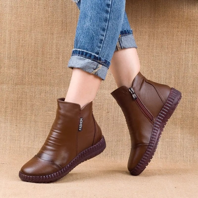 Winter Genuine Leather Ankle Boots Handmade Lady Soft Flat Shoes Comfortable