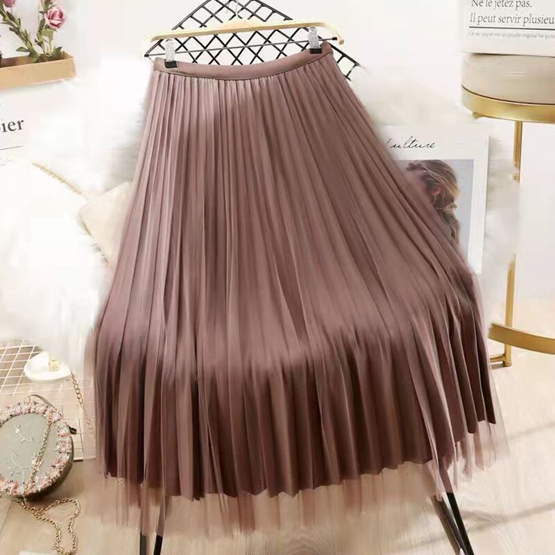 Rimocy Both Sides Wear Pearls Mesh Skirt Women Summer Velvet High Waist