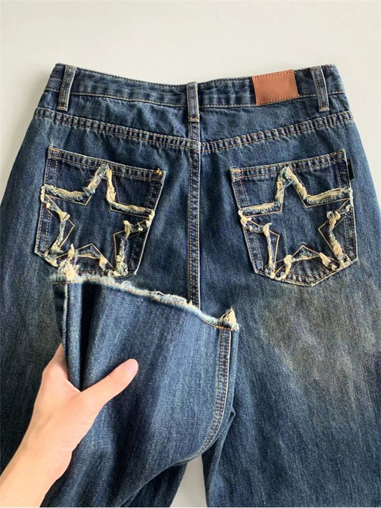 Women's Blue Wide Leg Jeans Star Pocket Vintage Straight Pants High Waist