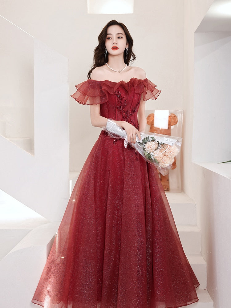Homecoming Dresses: Beaded Ruffled Prom Dress Off Shoulder A-Line Wind Red Tulle
