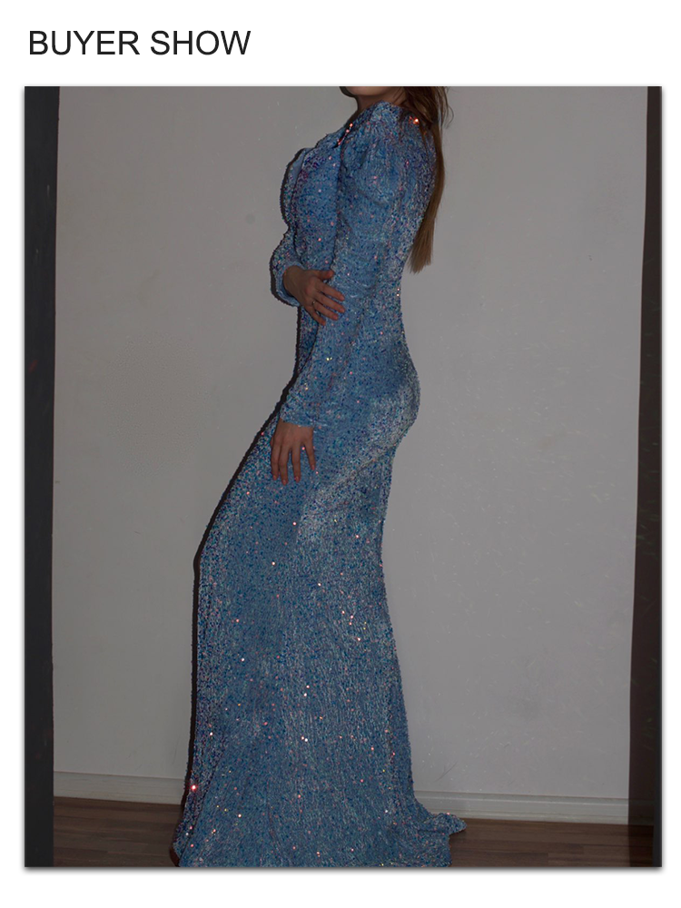 Evening wear Dresses: Sky Blue Long Sleeve Mermaid Wedding Gown Shiny
