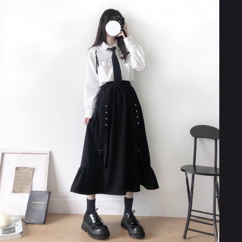Spring/Autumn Women Skirts High Waist Student Korean Style Dark Vintage Ruffle