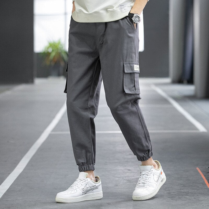 Four Seasons Men Cotton Cargo Pants Plus Size Sports Drawstring