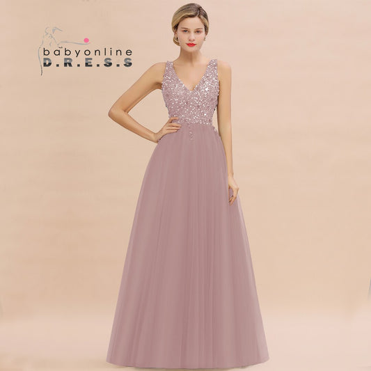 Homecoming Dresses: Deep V Neck Prom Dresses Sequins Beads Tulle Evening Dress