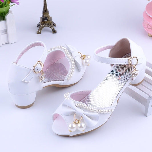 Princess Kids Leather Shoes for Girls High Heels Beaded Children