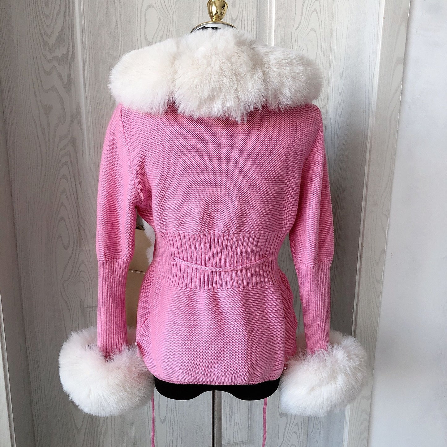 Women Faux Fur Knit Sweater cardigan Spring Autumn elegant Knitted sweater