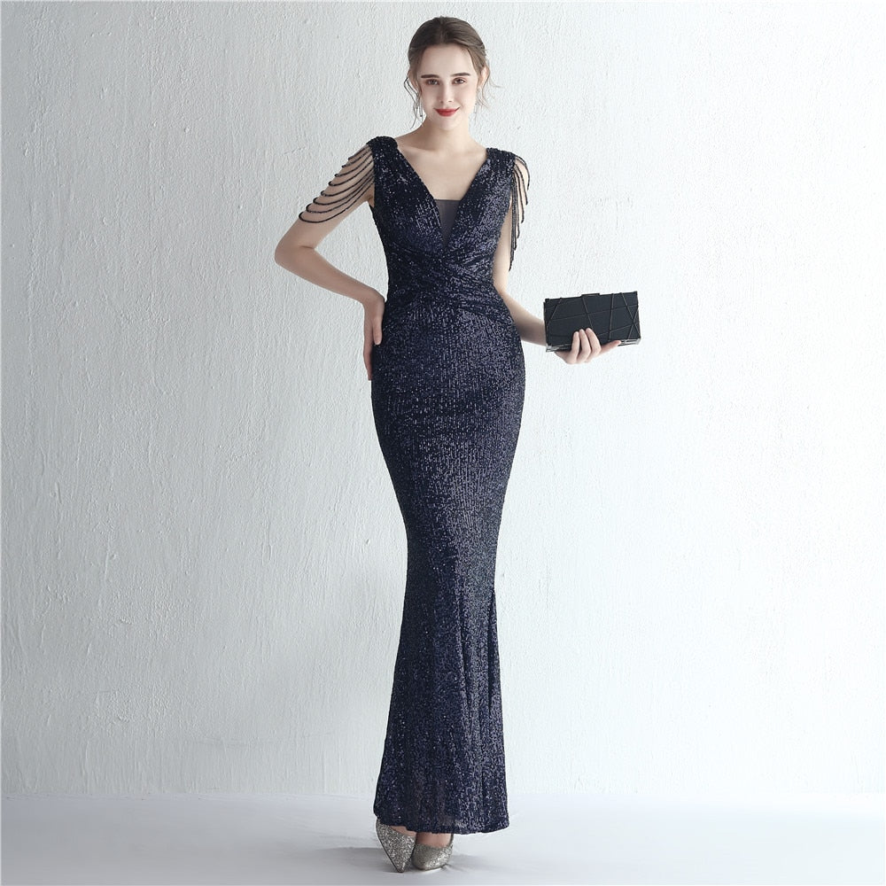 Evening wear Dresses: Evening Dress Long Mermaid Deep V Neck Sequins Maxi