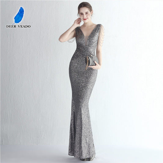 Evening wear Dresses: Evening Dress Long Mermaid Deep V Neck Sequins Maxi